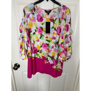 Slim Factor Blouse Investments Floral Womens Tunic Top Large 3/4 Ruffle Sleeve